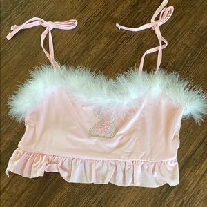 Pink Crop Top with White Fur Trim